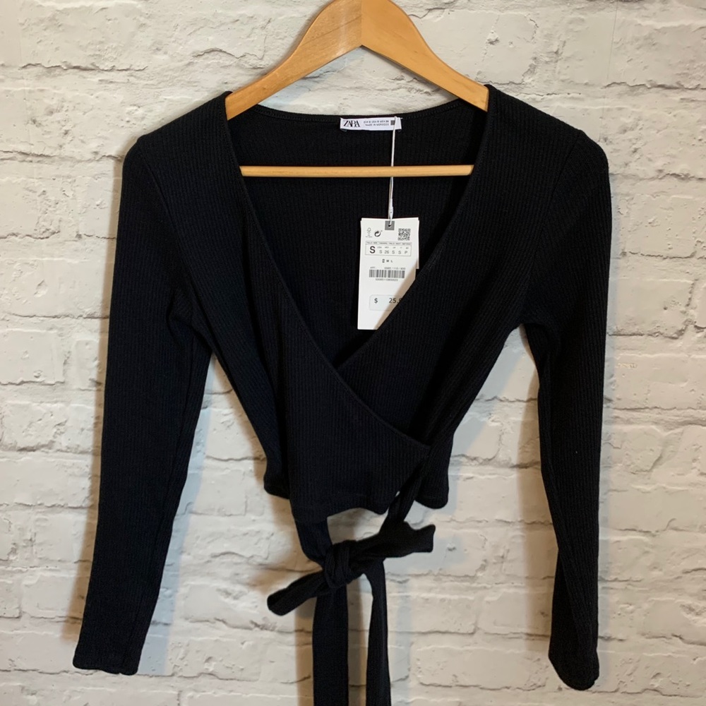 Zara Women’s Black Cropped Wrap Top Size S NEW